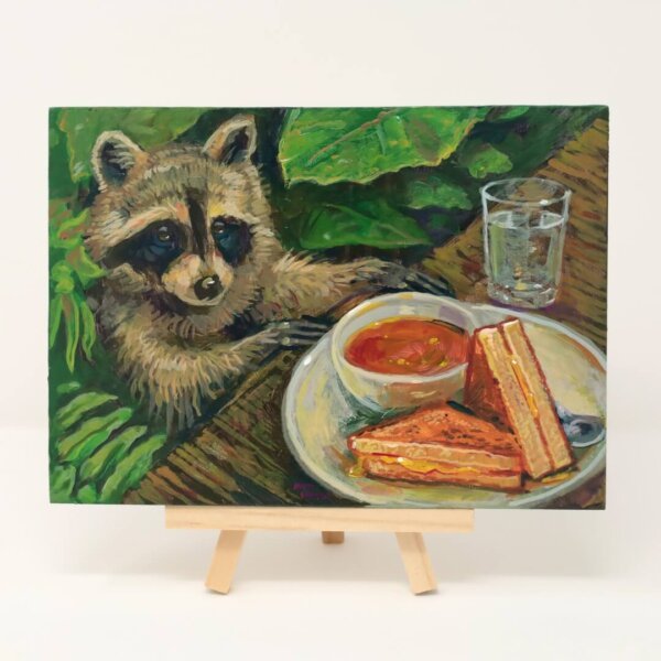 "Raccoon Approaches Grilled Cheese" original acrylic painting on wood by Matt Godwin 7"x5"
