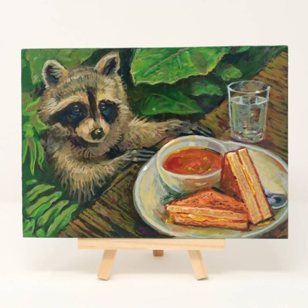 "Raccoon Approaches Grilled Cheese" original acrylic painting on wood by Matt Godwin 7"x5"