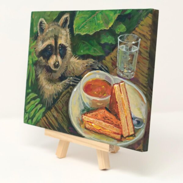"Raccoon Approaches Grilled Cheese" original acrylic painting on wood by Matt Godwin 7"x5"