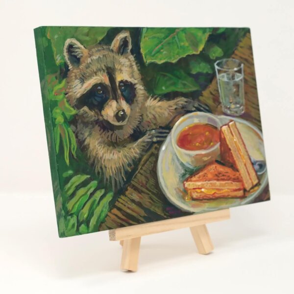 "Raccoon Approaches Grilled Cheese" original acrylic painting on wood by Matt Godwin 7"x5"