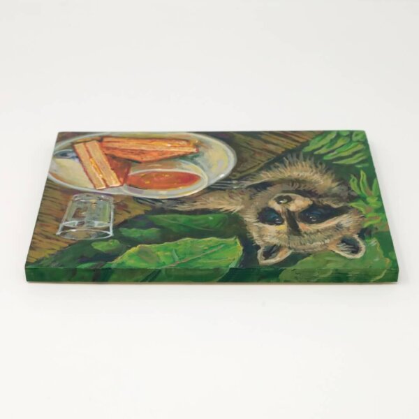 "Raccoon Approaches Grilled Cheese" original acrylic painting on wood by Matt Godwin 7"x5"