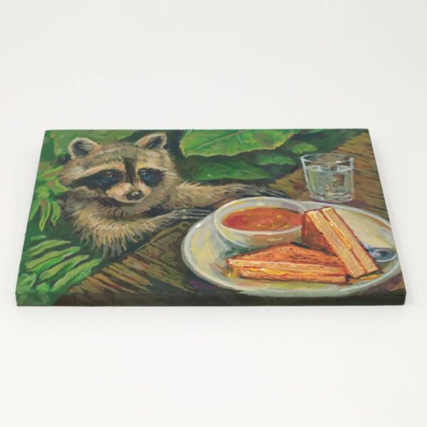"Raccoon Approaches Grilled Cheese" original acrylic painting on wood by Matt Godwin 7"x5"