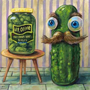 "Grown Pickle With Baby Dills" original acrylic painting on wood by Matt Godwin 8"x8"