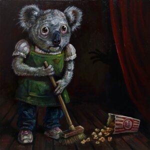 "Koala Works The Late Shift" original acrylic painting on wood by Matt Godwin 8"x8"