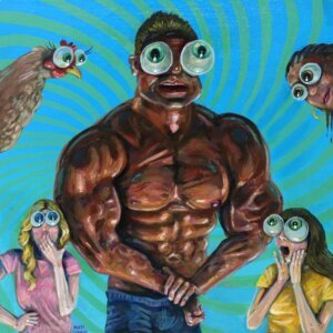 "Muscle Guy" original acrylic painting on wood by Matt Godwin 8"x8"