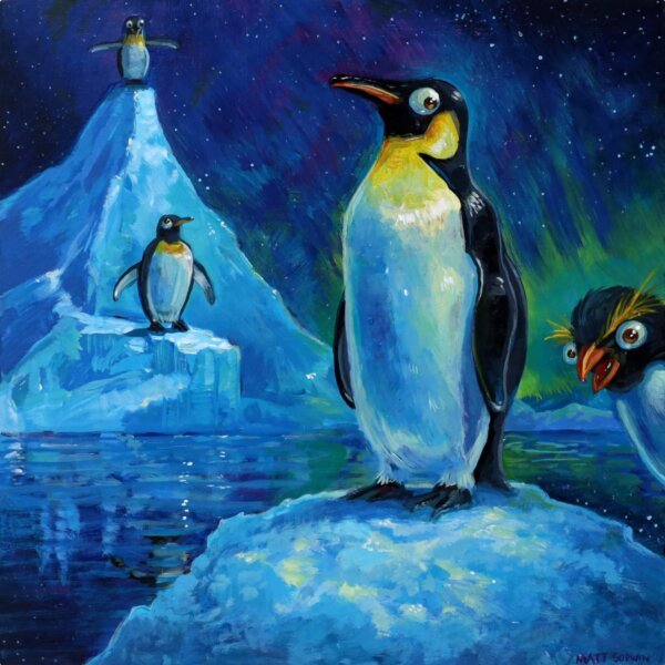 "Penguins" original acrylic painting on wood by Matt Godwin 8"x8"