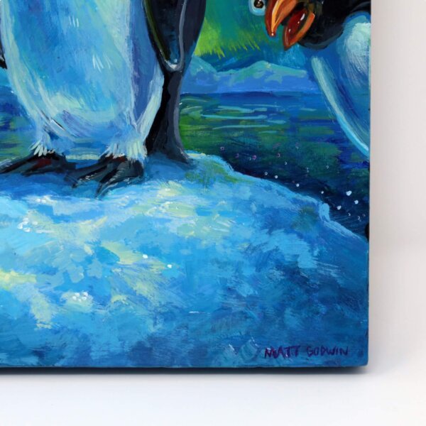 "Penguins" original acrylic painting on wood by Matt Godwin 8"x8"