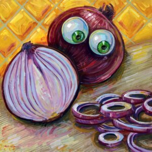 "Red Onion Horror" original acrylic painting on wood by Matt Godwin 8"x8"