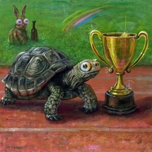 "Tortoise And Hare" original acrylic painting on wood by Matt Godwin 8"x8"