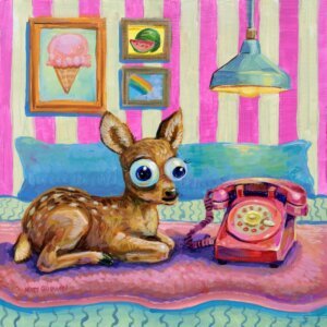 "Young Doe Waits By Her Phone" original acrylic painting on wood by Matt Godwin 8"x8"