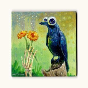 "Crow Magnet" original acrylic painting on magnetic canvas panel by Matt Godwin 3"x3"