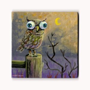 "Owl Magnet" original acrylic painting on magnetic canvas panel by Matt Godwin 3"x3"