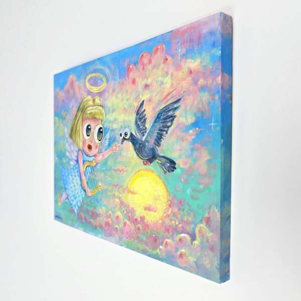 "Angel And Pigeon" original acrylic painting on wood by Matt Godwin 7"x5"