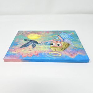 "Angel And Pigeon" original acrylic painting on wood by Matt Godwin 7"x5"