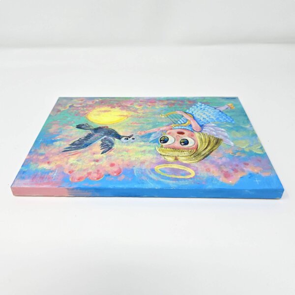 "Angel And Pigeon" original acrylic painting on wood by Matt Godwin 7"x5"