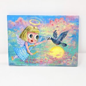 "Angel And Pigeon" original acrylic painting on wood by Matt Godwin 7"x5"