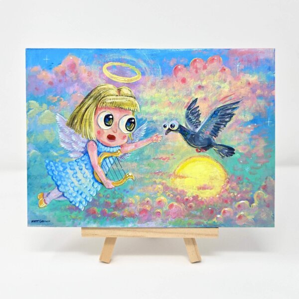 "Angel And Pigeon" original acrylic painting on wood by Matt Godwin 7"x5"