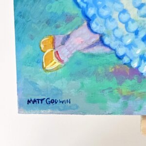 "Angel And Pigeon" original acrylic painting on wood by Matt Godwin 7"x5"