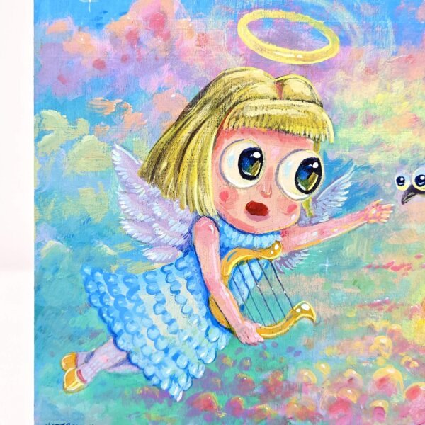 "Angel And Pigeon" original acrylic painting on wood by Matt Godwin 7"x5"