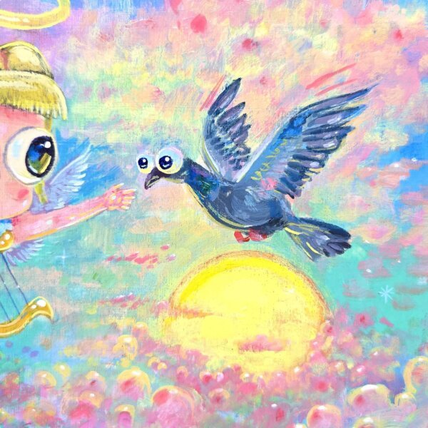 "Angel And Pigeon" original acrylic painting on wood by Matt Godwin 7"x5"