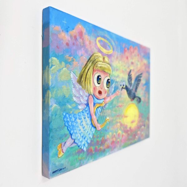 "Angel And Pigeon" original acrylic painting on wood by Matt Godwin 7"x5"