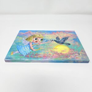 "Angel And Pigeon" original acrylic painting on wood by Matt Godwin 7"x5"