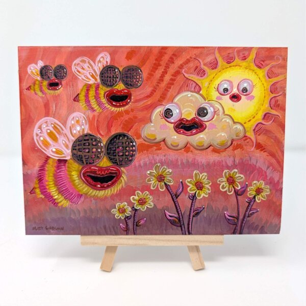 "Bees With Lip Filler" original acrylic painting on wood by Matt Godwin 7"x5"