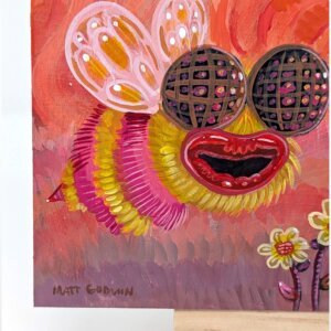 "Bees With Lip Filler" original acrylic painting on wood by Matt Godwin 7"x5"