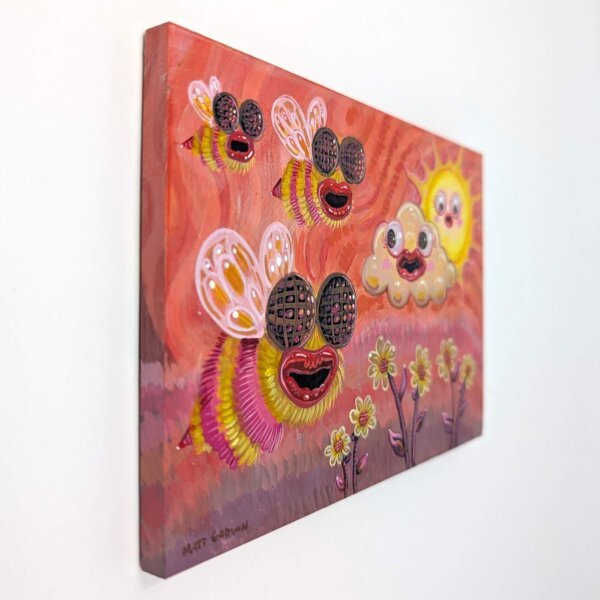 "Bees With Lip Filler" original acrylic painting on wood by Matt Godwin 7"x5"