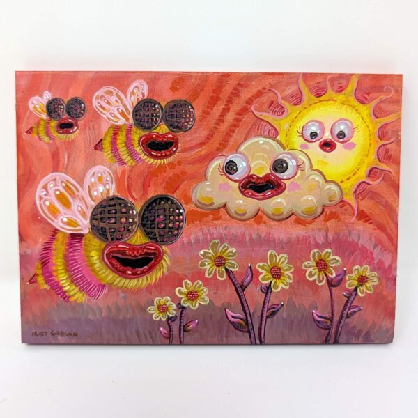 "Bees With Lip Filler" original acrylic painting on wood by Matt Godwin 7"x5"