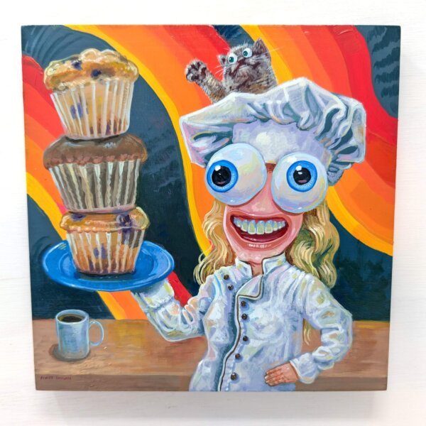 "Chef With Big Muffins" original acrylic painting on wood by Matt Godwin 8"x8"
