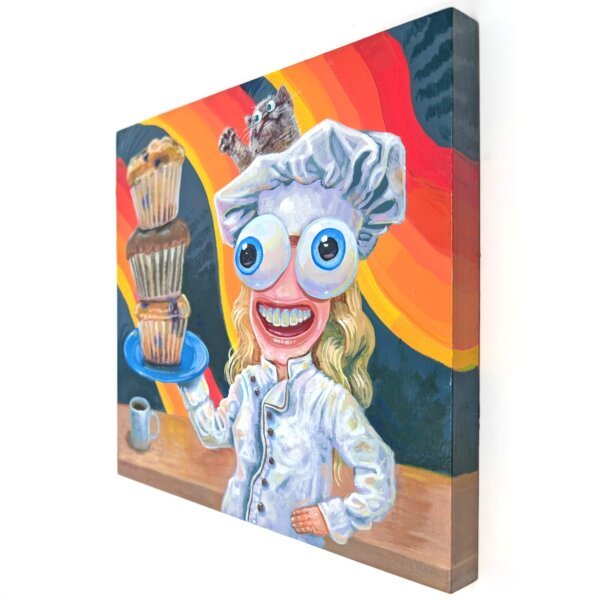"Chef With Big Muffins" original acrylic painting on wood by Matt Godwin 8"x8"
