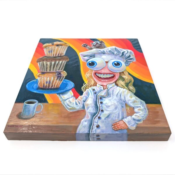 "Chef With Big Muffins" original acrylic painting on wood by Matt Godwin 8"x8"