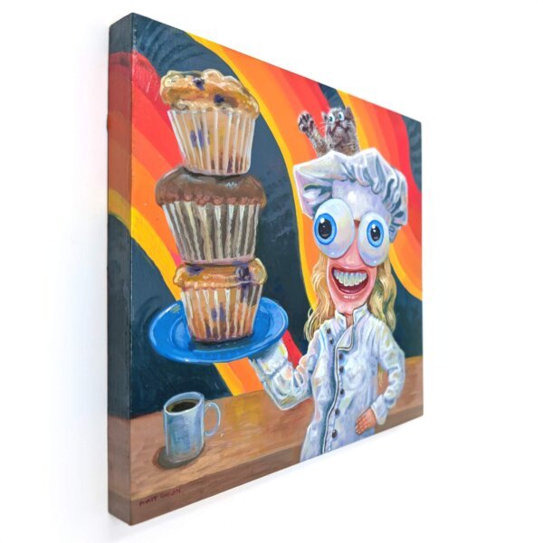 "Chef With Big Muffins" original acrylic painting on wood by Matt Godwin 8"x8"