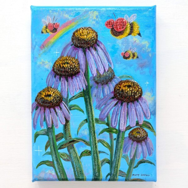 "Coneflower Bees" original acrylic painting on canvas by Matt Godwin 5"x7"