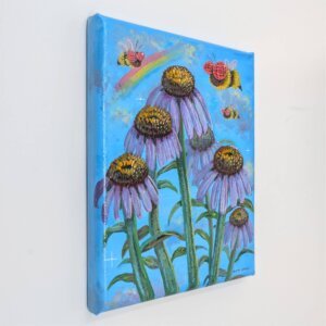 "Coneflower Bees" original acrylic painting on canvas by Matt Godwin 5"x7"
