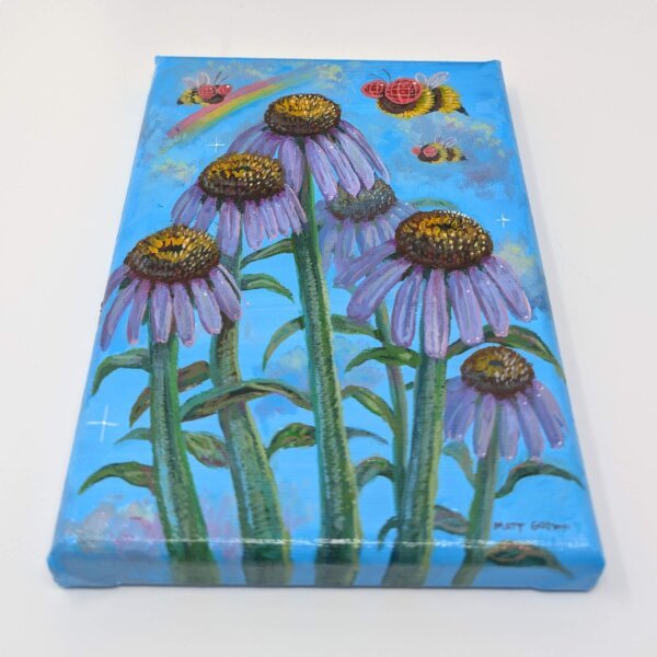 "Coneflower Bees" original acrylic painting on canvas by Matt Godwin 5"x7"