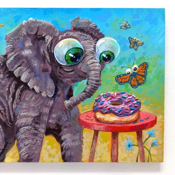 "Elephant Donut Lover" original acrylic painting on wood by Matt Godwin 7"x5"