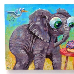 "Elephant Donut Lover" original acrylic painting on wood by Matt Godwin 7"x5"