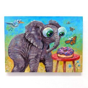 "Elephant Donut Lover" original acrylic painting on wood by Matt Godwin 7"x5"
