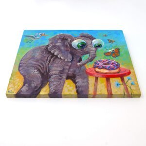"Elephant Donut Lover" original acrylic painting on wood by Matt Godwin 7"x5"