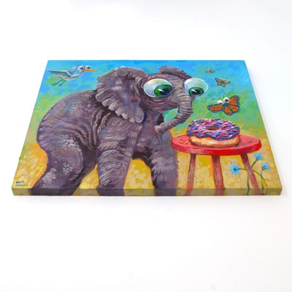 "Elephant Donut Lover" original acrylic painting on wood by Matt Godwin 7"x5"