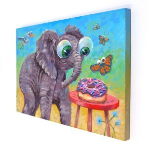 "Elephant Donut Lover" original acrylic painting on wood by Matt Godwin 7"x5"