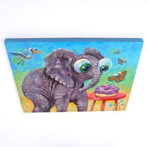 "Elephant Donut Lover" original acrylic painting on wood by Matt Godwin 7"x5"