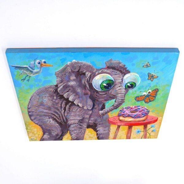 "Elephant Donut Lover" original acrylic painting on wood by Matt Godwin 7"x5"