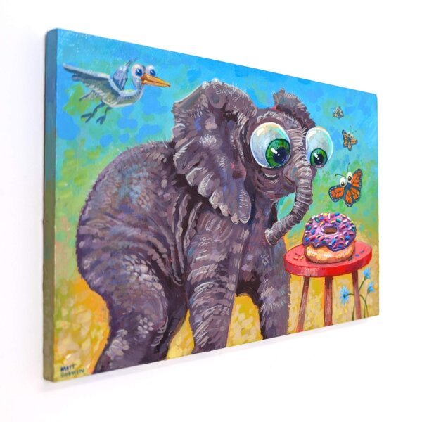 "Elephant Donut Lover" original acrylic painting on wood by Matt Godwin 7"x5"