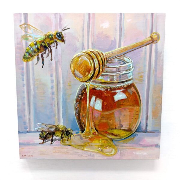 "Honey Bees" original acrylic painting on magnetic canvas panel by Matt Godwin 3"x3"