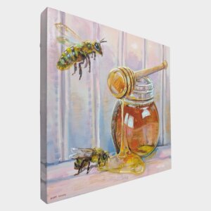 "Honey Bees" original acrylic painting on magnetic canvas panel by Matt Godwin 3"x3"
