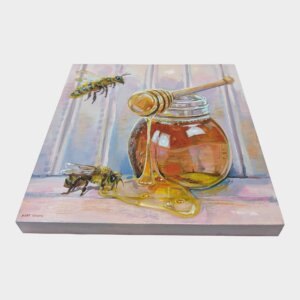 "Honey Bees" original acrylic painting on magnetic canvas panel by Matt Godwin 3"x3"