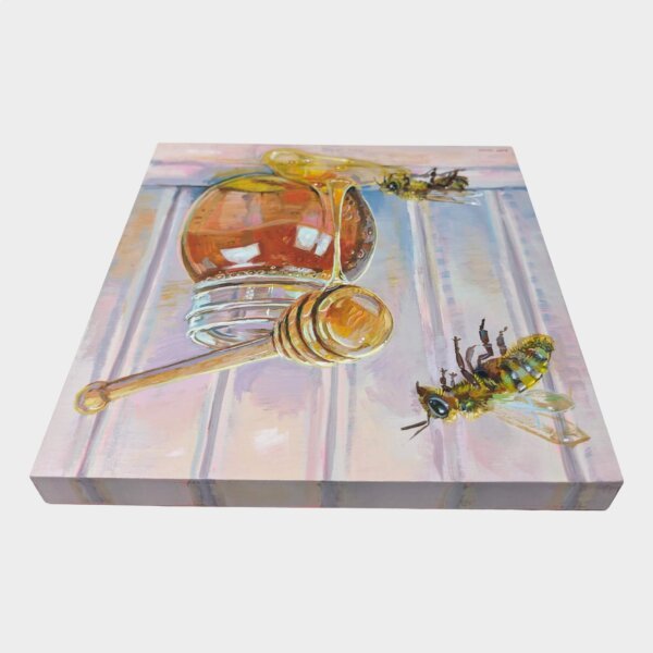 "Honey Bees" original acrylic painting on magnetic canvas panel by Matt Godwin 3"x3"